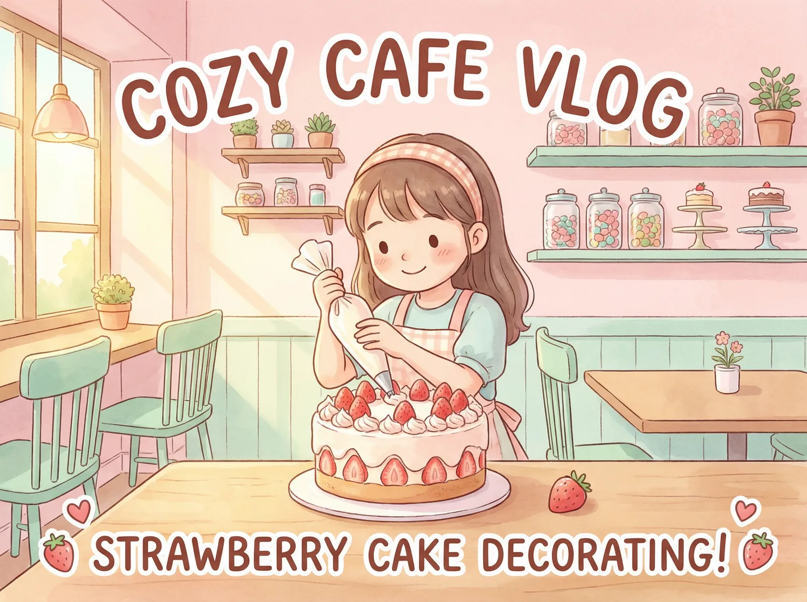 唐心vlog 甜品制作 - 在温馨咖啡厅装饰草莓蛋糕